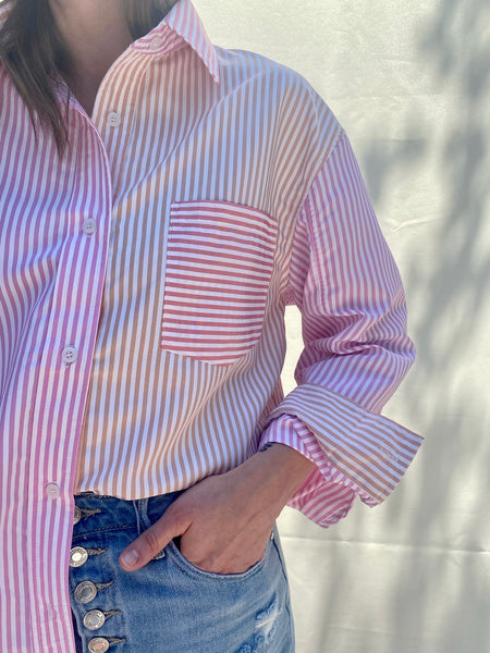 Pink Stripe Colorblock Button Up